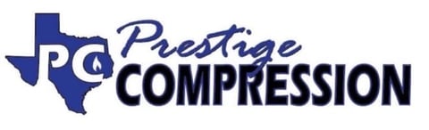 Prestige Compression logo featuring a blue Texas state outline with company name in black and blue text