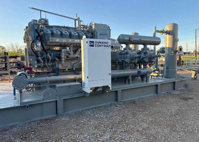 Industrial diesel pump unit mounted on steel frame with control panel and piping system outdoors